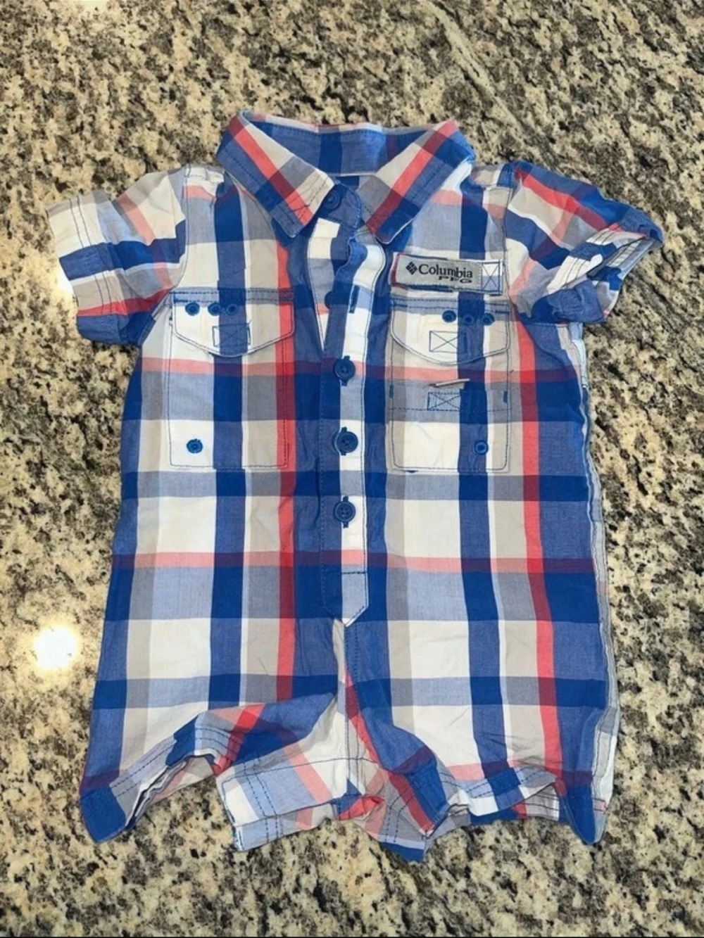 Columbia Blue White Red Plaid Short-Sleeve Button Romper